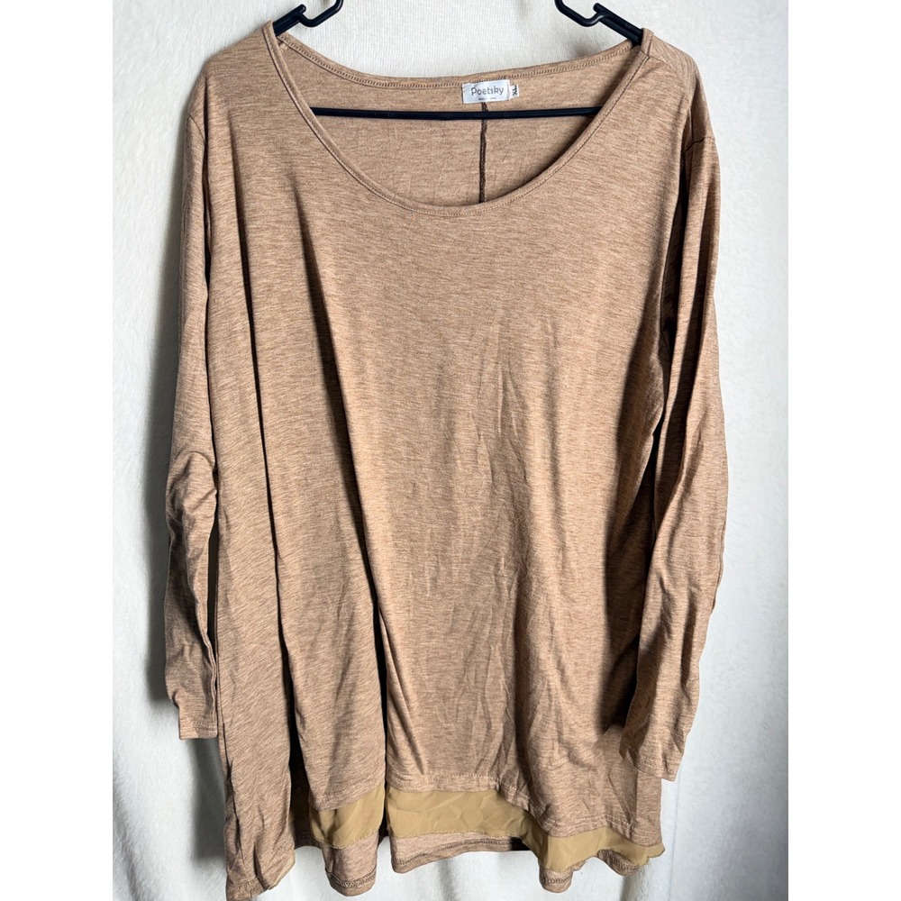 Poetsky Womens Long Sleeve Tunic Top Tan Heathered Layered Hem Scoop Neck XL